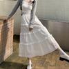 Women's Princess-Style White Lace Midi Skirt - A-line, Tiered, Flared, Spring/Summer Design