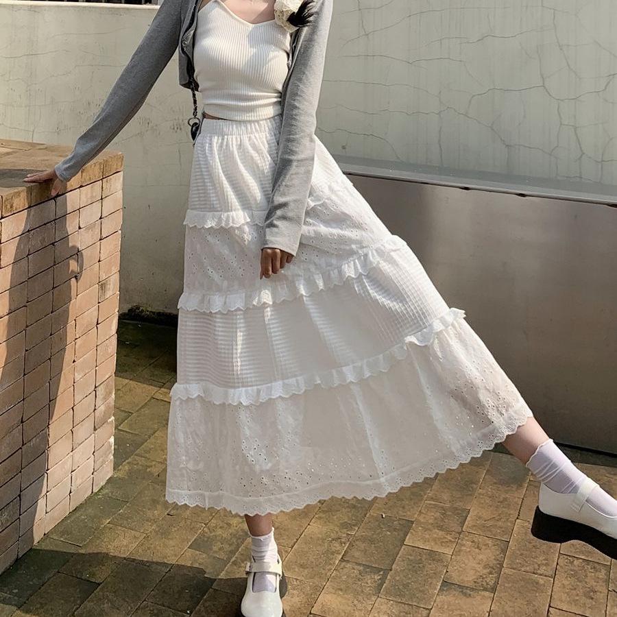Women's Princess-Style White Lace Midi Skirt - A-line, Tiered, Flared, Spring/Summer Design