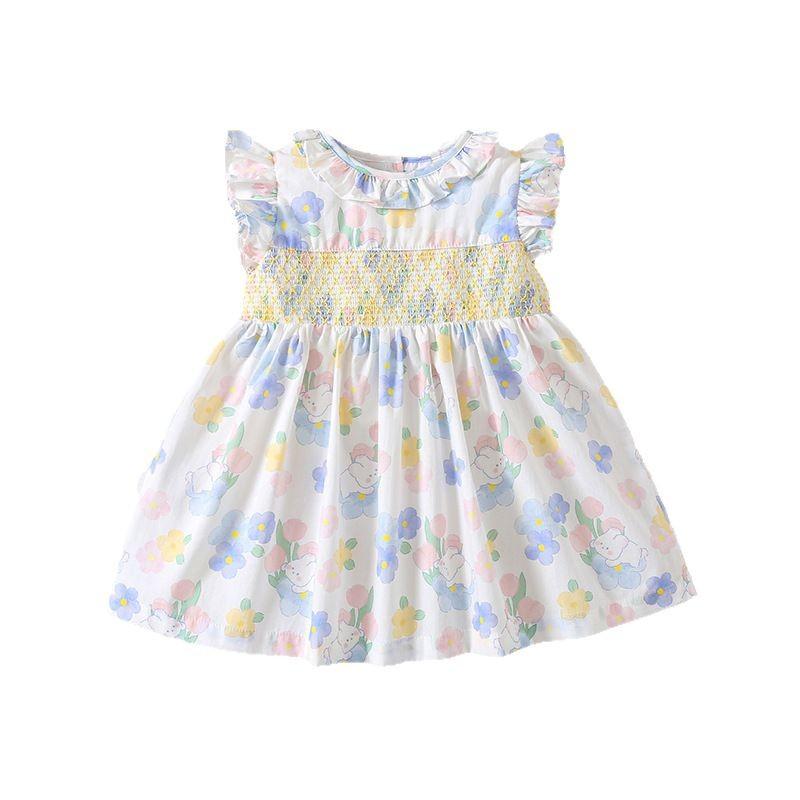 Girls Cotton Smocked Dress Cute Floral Print Princess Party Dress for Toddler and Little Kids Summer Casual Outfit