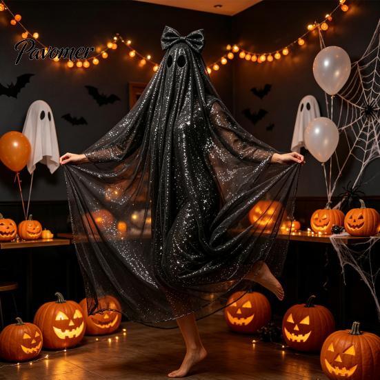 White Ghost Poncho Sequin Cape for Women, Cute Halloween Costume Cloak with Holiday Cosplay Bows, Lightweight Mesh Pullover Robe Party Photoshoot