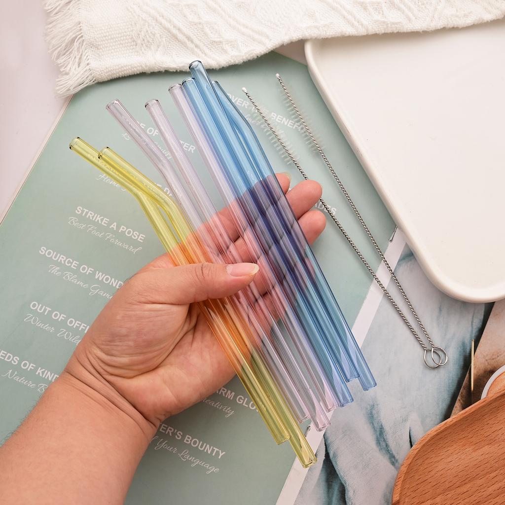 15 Pack Reusable Glass Straws, 8inch X 8mm Drinking Straws Travel Set, Include 12 Straws, 2 Cleaning Brush, 1 Bag, For Smoothies, Beverages, Juice