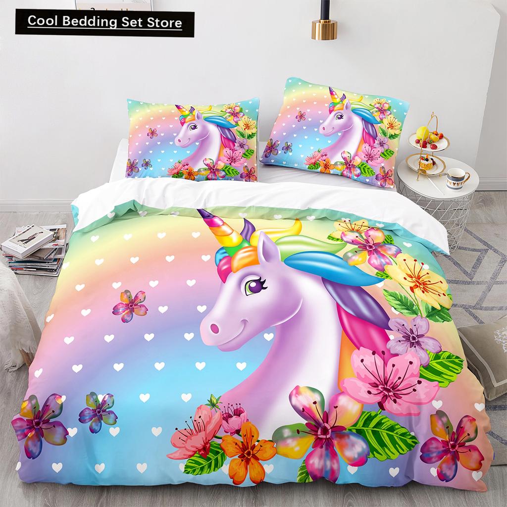 Einhorn-Bettwäsche-Set (King- und Queensize) mit Märchenmotiven und magischen Tieren für Kinder (Jungen und Mädchen) – Sternenuniversum – Polyester-Bettbezug