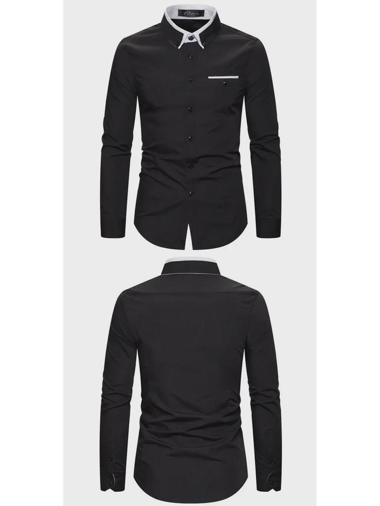 Men's Autumn Fashion Double Collar Solid Color Slim Fit Long Sleeve Shirt