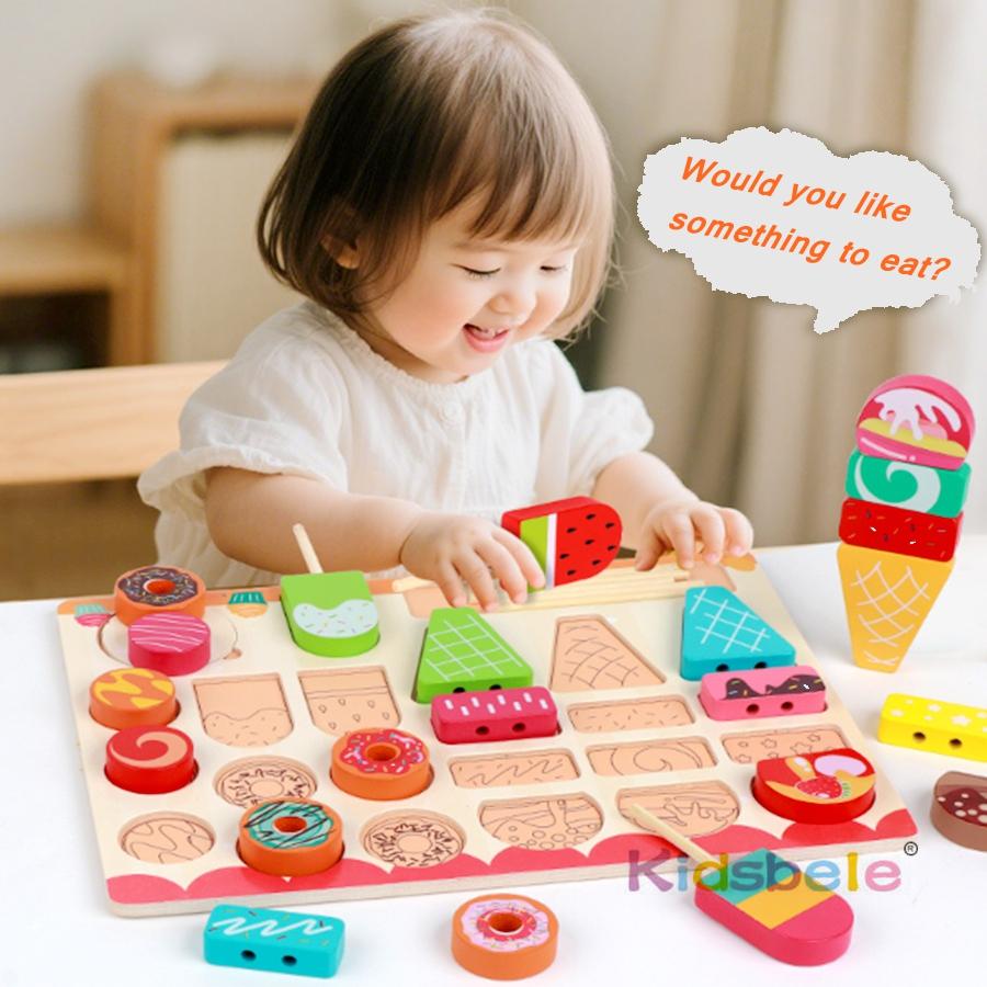 Wooden DIY Desserts Toy Montessori Simulated Kitchen Pretend Play Toy Fruit Skewer Ice Cream Birthday Party Gift For Toddler