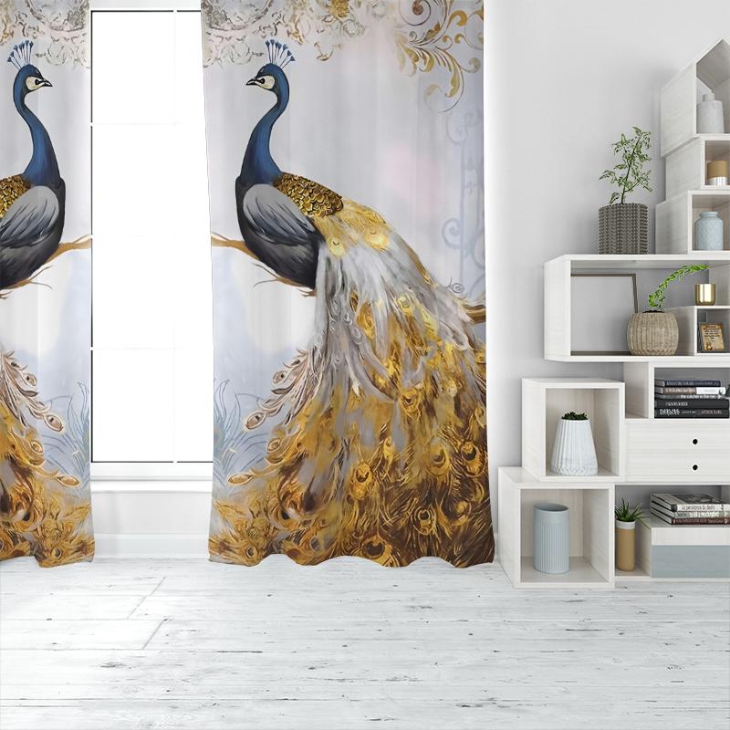 2pcs- Golden Elegant Peacock Polyester Fabric Curtains, Bathroom, Bedroom, Living Room, and Family Space Ornamental Curtains