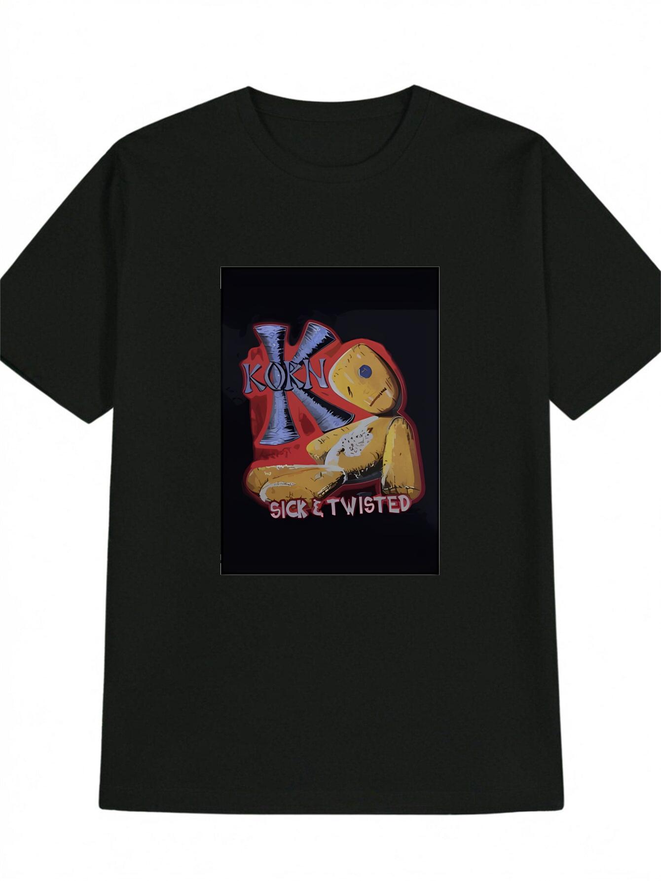 Casual Round Neck T-shirt with Wooden Doll Print - Black Background XL