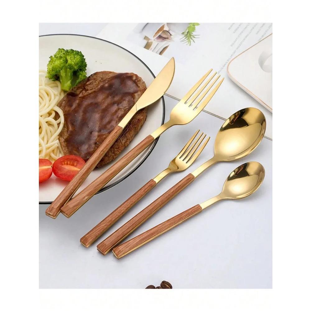 5/20/30pcs Stainless steel cutlery set with imitation wood handles, including knife fork and spoon suitable for home hotel party