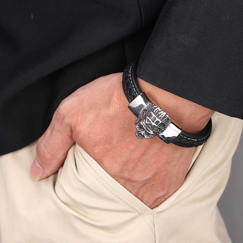 Punk Men Bracelet Black Braided Leather Bracelets Men Stainless Steel Tribe Cowboy King Skull Bracelets Men Jewelry