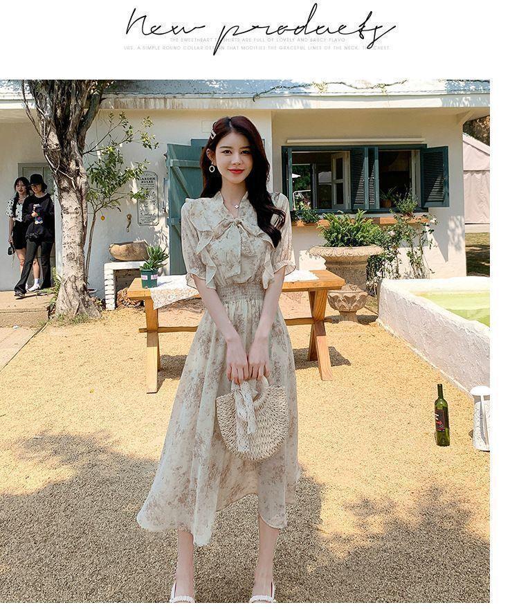 Summer French Style Floral Midi Dress - Waist-Cinched, Slimming, Elegant Temperament