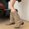 Coarse heel suede pointed boots women's 2025 autumn and winter new two-wear women's boots belt buckle sleeve western cowboy boots
