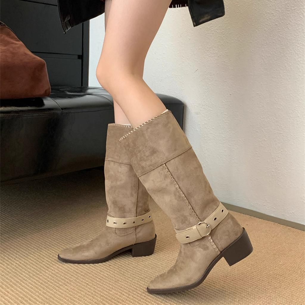 Coarse heel suede pointed boots women's 2025 autumn and winter new two-wear women's boots belt buckle sleeve western cowboy boots