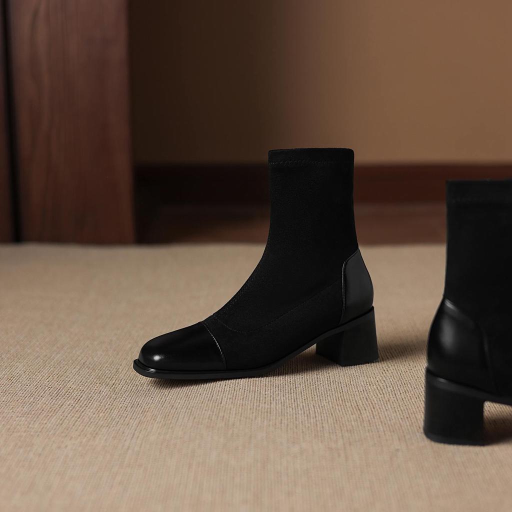 Krazing Pot Microfiber Flock Square Toe Med Heels Elastic Boots Size 43 Zipper Women Basic Design Ankle Boots