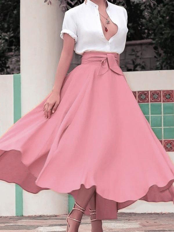Solid Color Belted Midi Skirt - European and American Style Women's Fashion