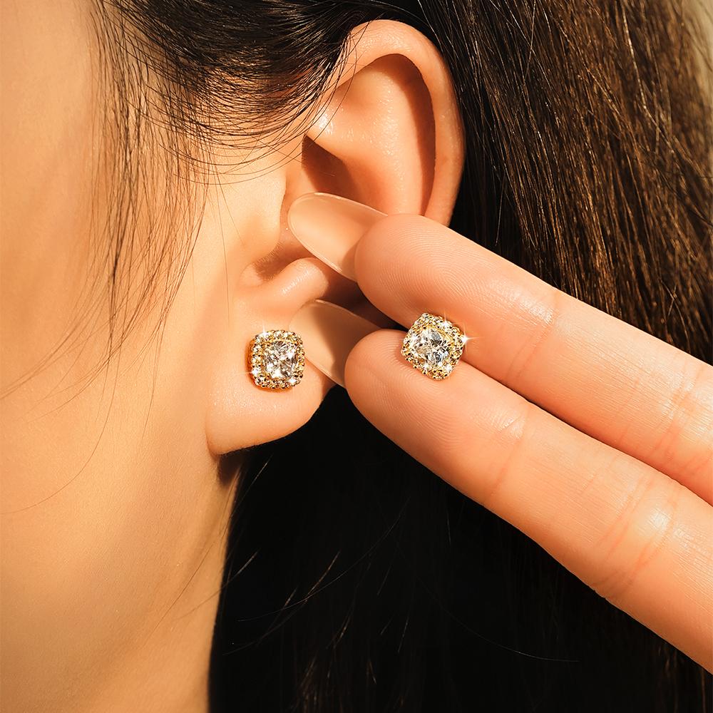 New 14K Gold Filled Cushion Stone Cubic Zirconia Square Stud Earrings Zircon Classic Fat Square Halo Studs Earrings Jewelry Gift