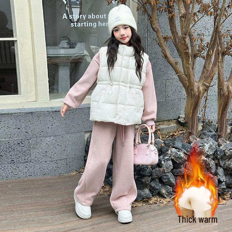 Girls' Fleece-Lined Sweatshirt Three-Piece Set - 2024 Autumn/Winter Trendy Casual Sportswear
