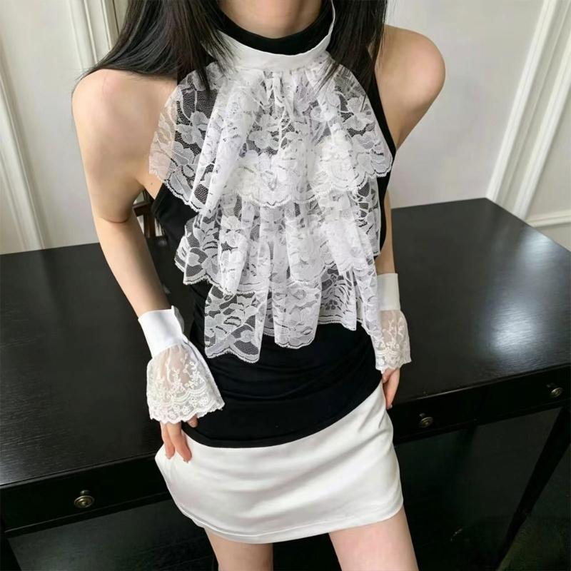 White Lace False Collar and Cuffs Sleeves for Women Girl, High Neck Ruffle Collar Decorative Accessory for Costume Styling, Stage Show Layering