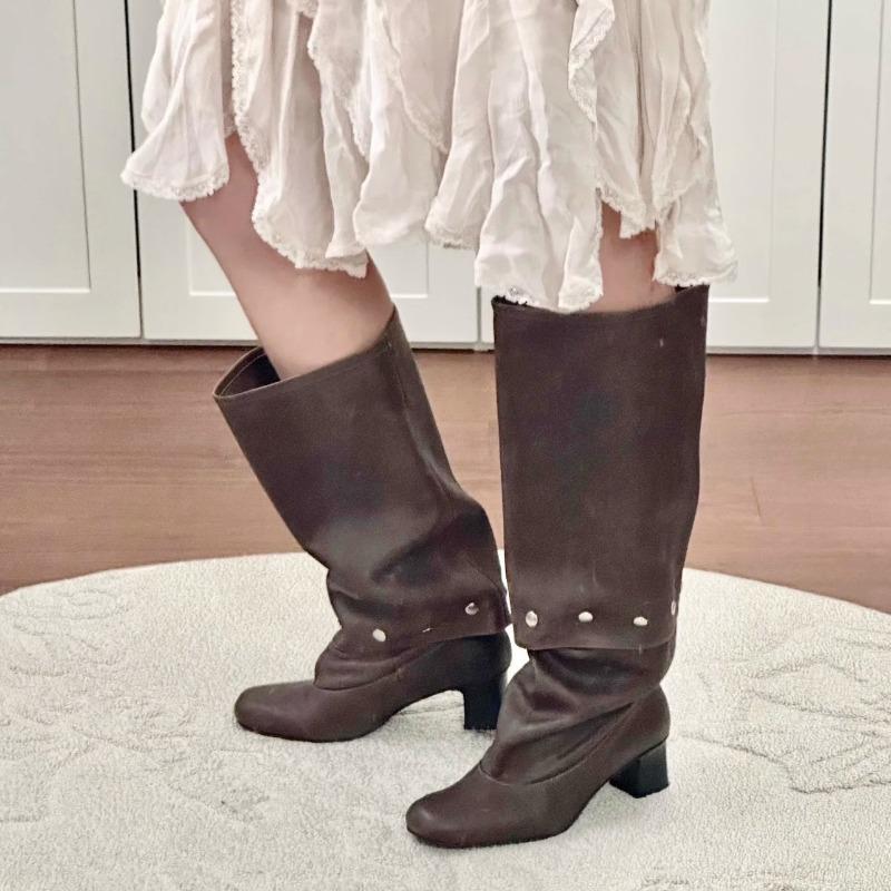 Two-wear removable knee-length boots, summer new retro thick-heeled rivets, thin tall stacking boots