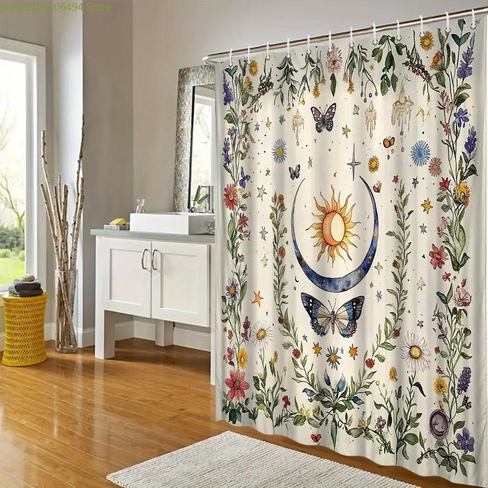 Vintage Floral & Celestial Bathroom Decor with Sun, Moon, Butterflies - Elegant Bath Curtain for Modern Traditional Bathrooms