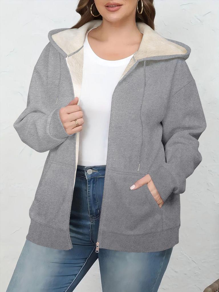 Plus Size Women's Winter Zipper Hoodie Cardigan - Solid Color, Lambswool Lined, US Sizes