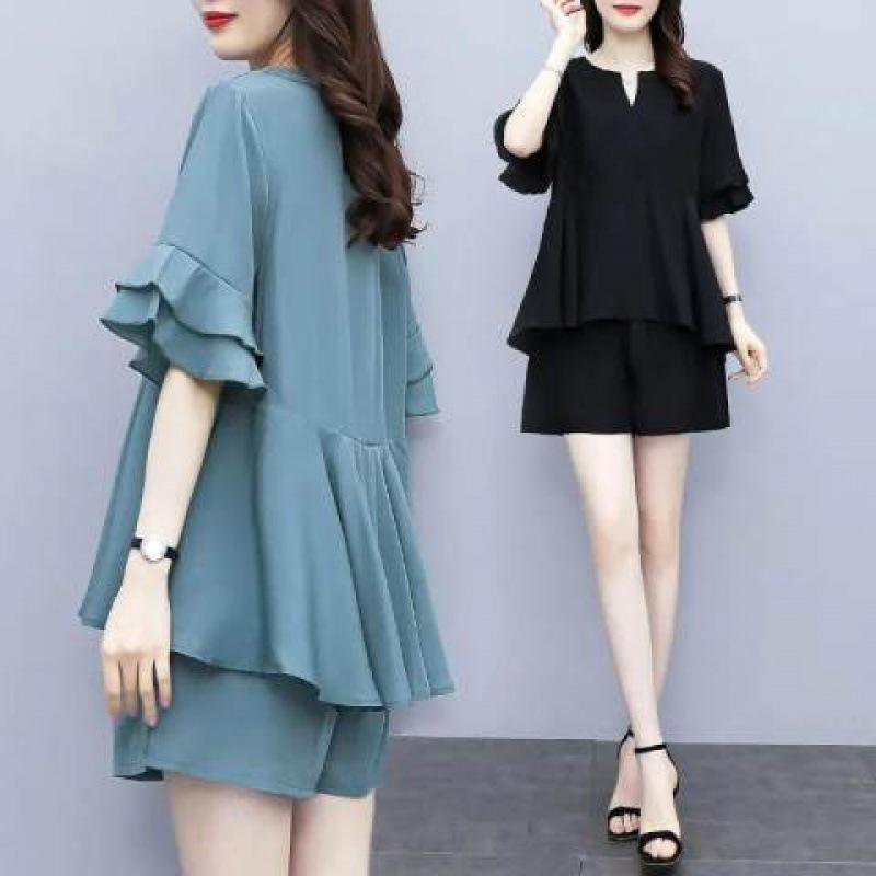 Fat Fashion Suit, Summer Style, Age-reducing, Plus-size Women's Clothing To Cover Belly, Slimming, Casual Two-piece Set