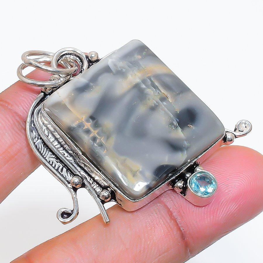 Natural Maligano Jasper, Topaz 925 Sterling Silver Jewelry Pendant 2.05" ZS-690