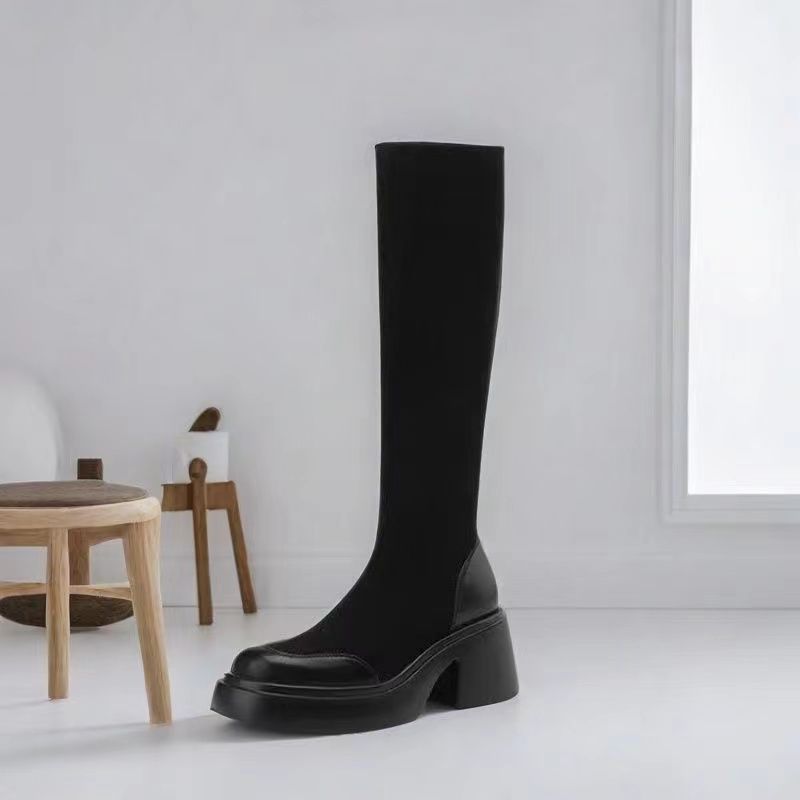 2025 autumn and winter new heightening casual boots mid-heel elastic thin tall boots small Maillard boots