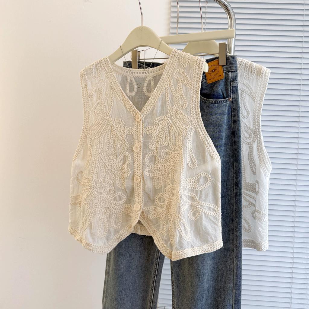 DIMANAF 2025 Ny Kort Väst T-shirt Dam Ärmlös Knappar Stickning Spets Väst V-ringad Sommarstil Bas Toppar T-shirts Lös Klädsel