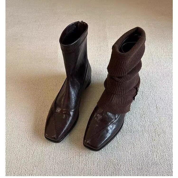 Retro low-heeled thin boots, rear zipper square head thin elastic boots, women's new versatile commuter temperament short boots
