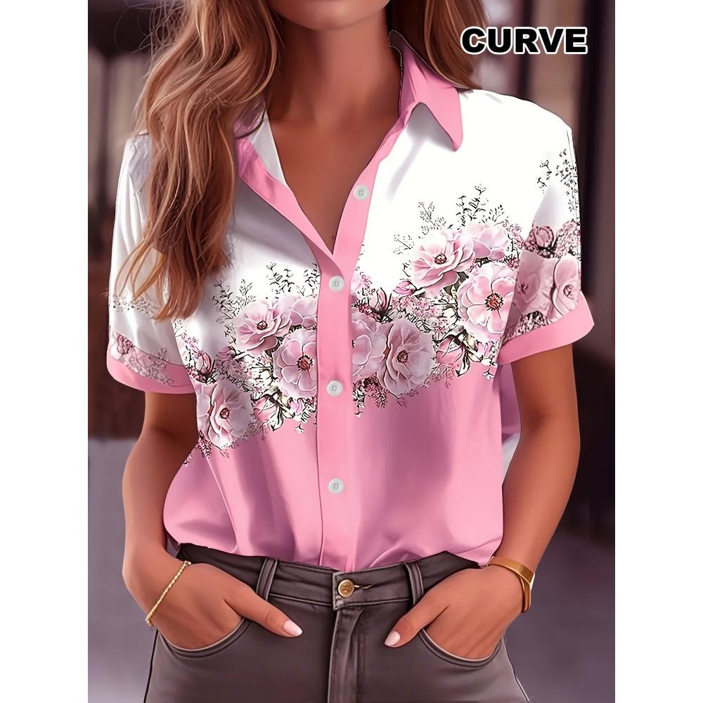 Plus Size - Plus Size - Fashion Casual Abstract Gradient Floral Art Oil Painting Print Women S Plus Size Button-Up Short Sleeve Shirt S
