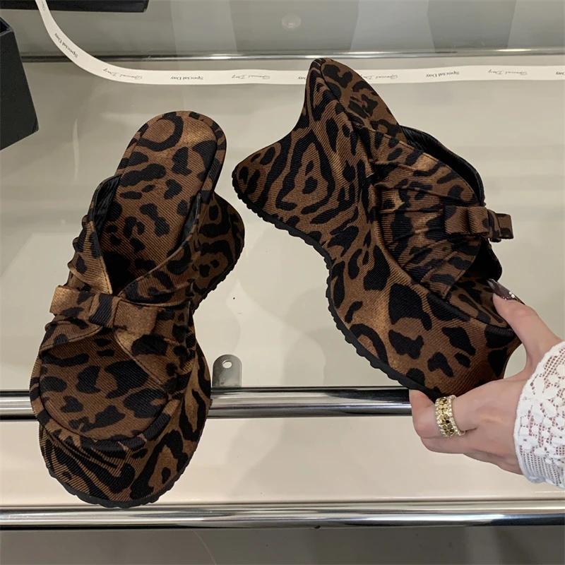 Eilyken Summer Street Style Sexy Leopard Print Butterfl-Knot Slippers Women's Platform Wedges Heels Shoes Zapatos De Mujer