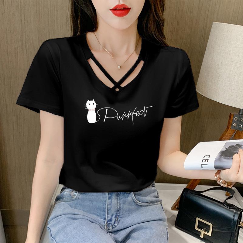 2025 Women's Korean Style V-Neck Short-Sleeve Solid Color T-Shirt