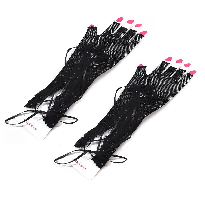 Fashion Women's Mesh Lace Gloves Dancing Party Half Finger Skeleton Gloves Halloween Short Gloves