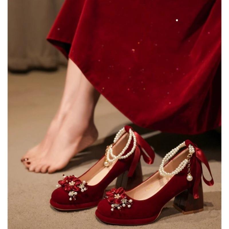 Fashion Red Wedding Shoes, Two-wear Wedding Dress, Mary Jane's Thick and High Heel Women's Shoes 2025 New Style