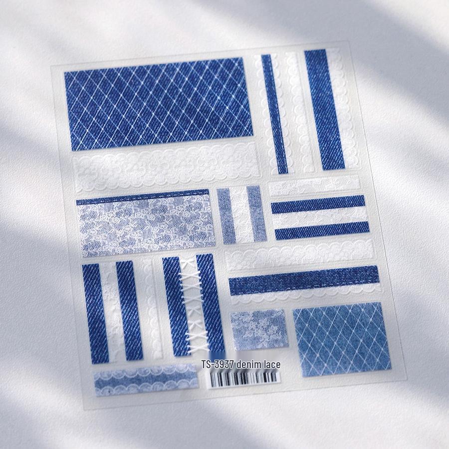 

TENSOR TS-3937 Матовые наклейки для ногтей, Узор тонких полосок, Дизайн «Деним и кружево», Самоклеящиеся.
