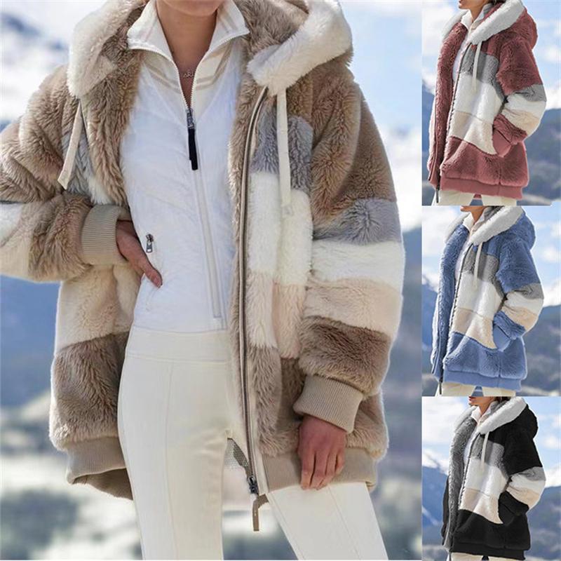 Winter Fashion Coat Ladies Warm Zipper Loose Hooded Coat Patchwork Design Large Size Thickened Outwear