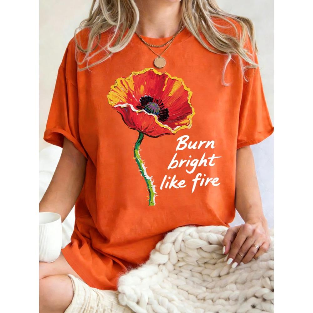 Burn Bright Like Fire Flower Prints Short Sleeve Women Cotton Y2K Crewneck T-Shirt Summer Loose T Shirt Soft Top