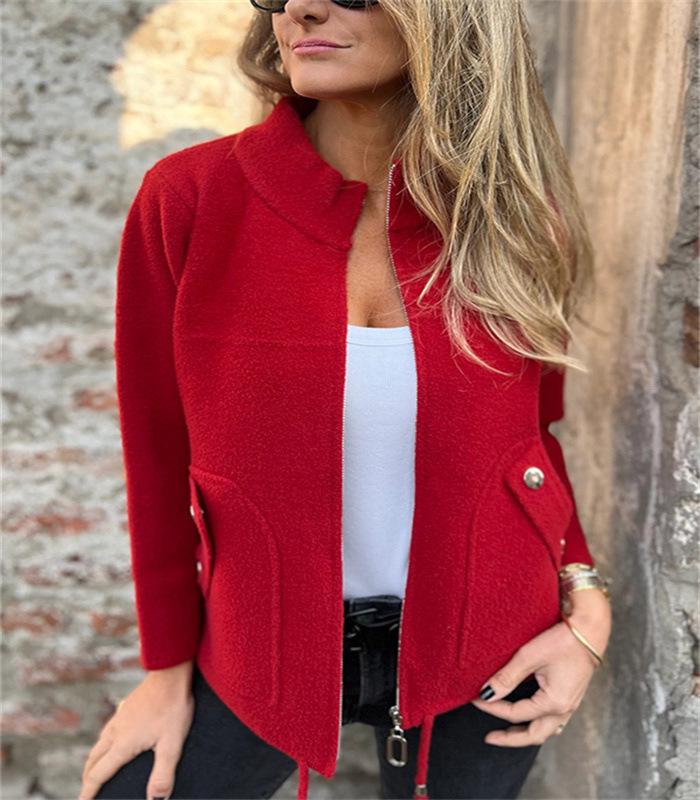 Women's Casual Woolen Tie-up Suit Jacket with Turn-down Collar and Faux Pockets - Autumn/Winter 2026 Collection
