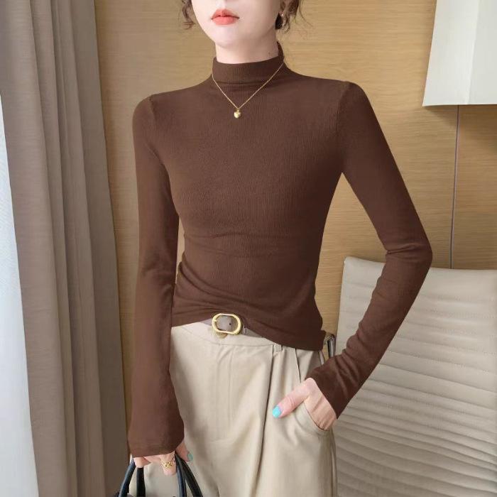 

Футболка с длинным рукавом и прямым воротником для женщин на осень и зиму. Новая базовая футболка с высоким воротником. Однотонная, приталенного силуэта, тонкий внутренний топ. 4XL