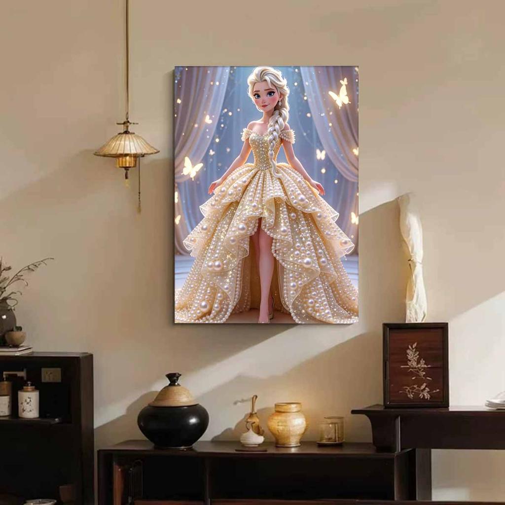 Golden Gown Butterfly Elsa New Pearl-Inlaid Frameless Art | Handmade Pearl Craft, Sheer Curtain Starry Butterfly Theme, for Elegant Romantic Decor