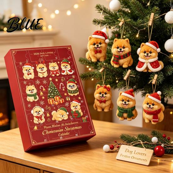 Acrylic Christmas Decorations Pomeranian Countdown, 24-Day Advent Calendar with 2D Holiday Surprise Gift Box Dog Ornaments, Tree Hanging Decor,
