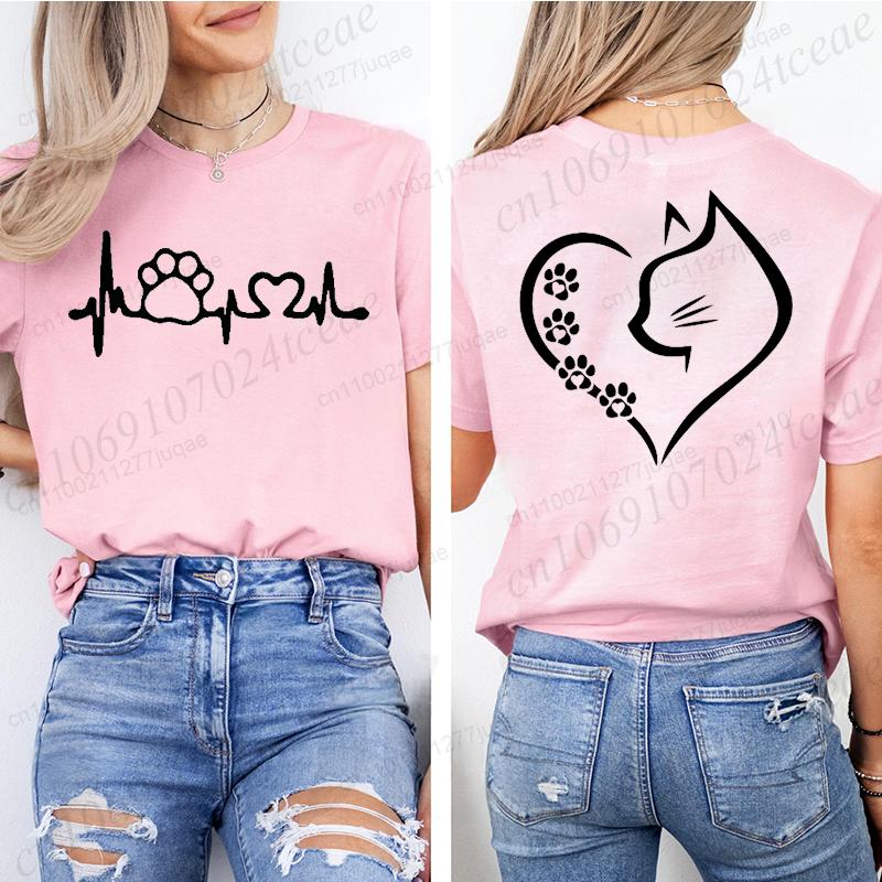 Cat Heart Women Print Tshirt Girl Short Sleeve Crew Neck TShirts Casual Top for Summer  Spring Cat Lover Womens Clothing