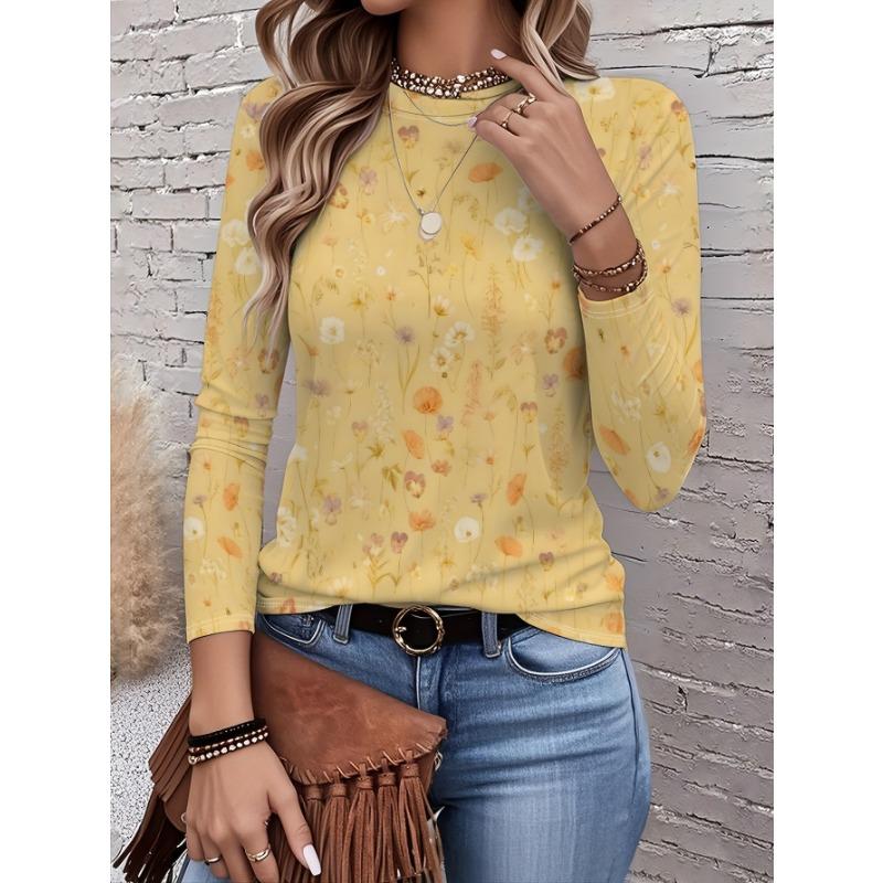 Women's long-sleeved T-shirt for autumn, small floral print, casual street style, round neck pullover, loose fit outdoor T-shirt