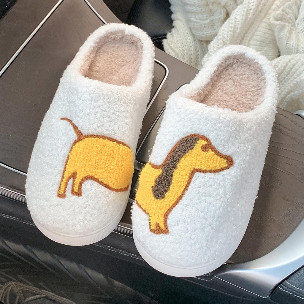 Pet Pattern Dachshund Embroidery Stuffed Home Thick Sole Plaid Furry Cotton Slippers Cute Warm Non-slip Indoor Slippers  Gift