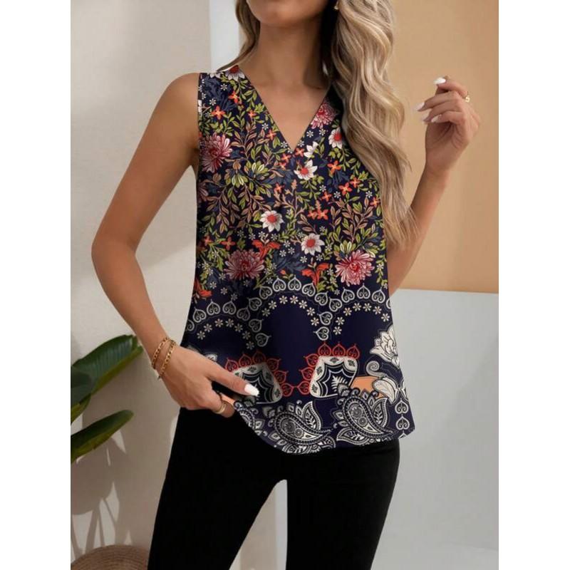 Womens Vintage Floral Print Sleeveless V-Neck Top Comfortable Casual Blouse Soft Cotton-Like Fabric 2025