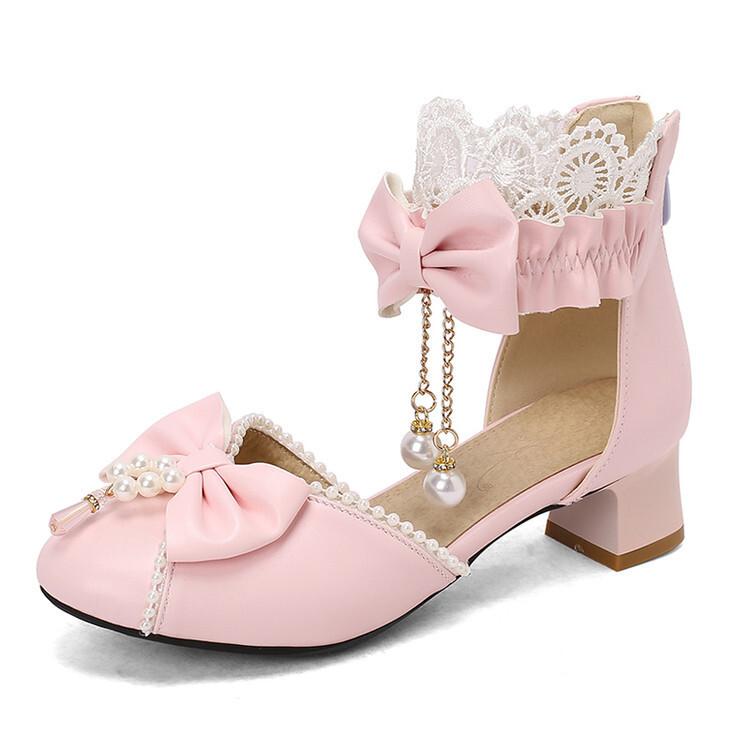 Neue chinesische Mädchenschuhe mit niedrigem Absatz, Baotou, cooler Stiefel im nationalen Stil, Schleife, süße Spitze Loli COS Hanfu Damenschuhe