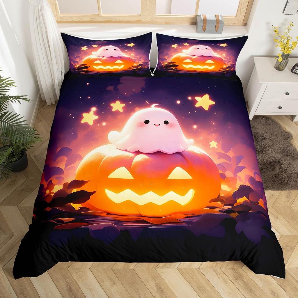Cute Ghost Duvet Cover Twin King Halloween Bedding Set For Kids Girl Microfiber Horror Theme Comforter Cover With 2 Pillowcases