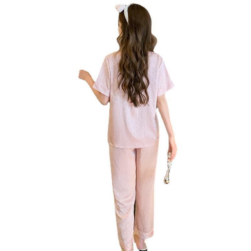 Damen Frühling Sommer 3-teiliges Kurzarm Loungewear Eisseide Pyjama Set Damen High-End Jacquard Homewear