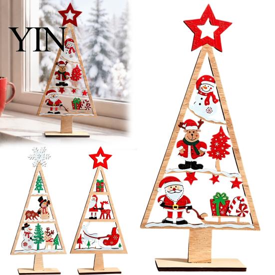 Desktop Christmas Ornament Wooden Tabletop Tree Decor, Hollow Xmas Ornament, Farmhouse Winter Holiday Accents Centerpiece for Party Home Decoration,