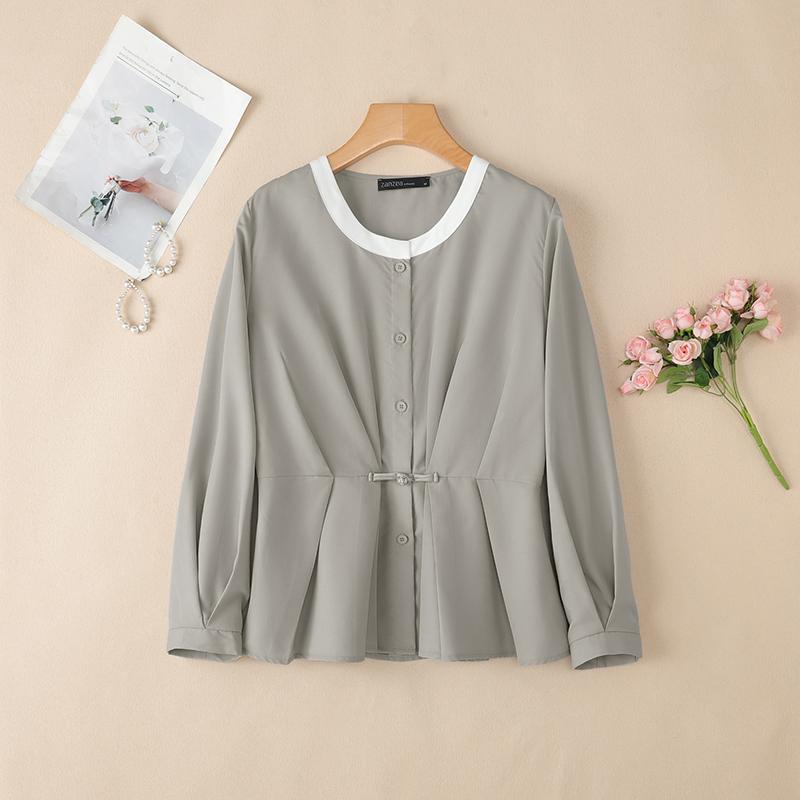 

ZANZEA Женская повседневная свободная блузка с круглым вырезом и длинными рукавами S серый