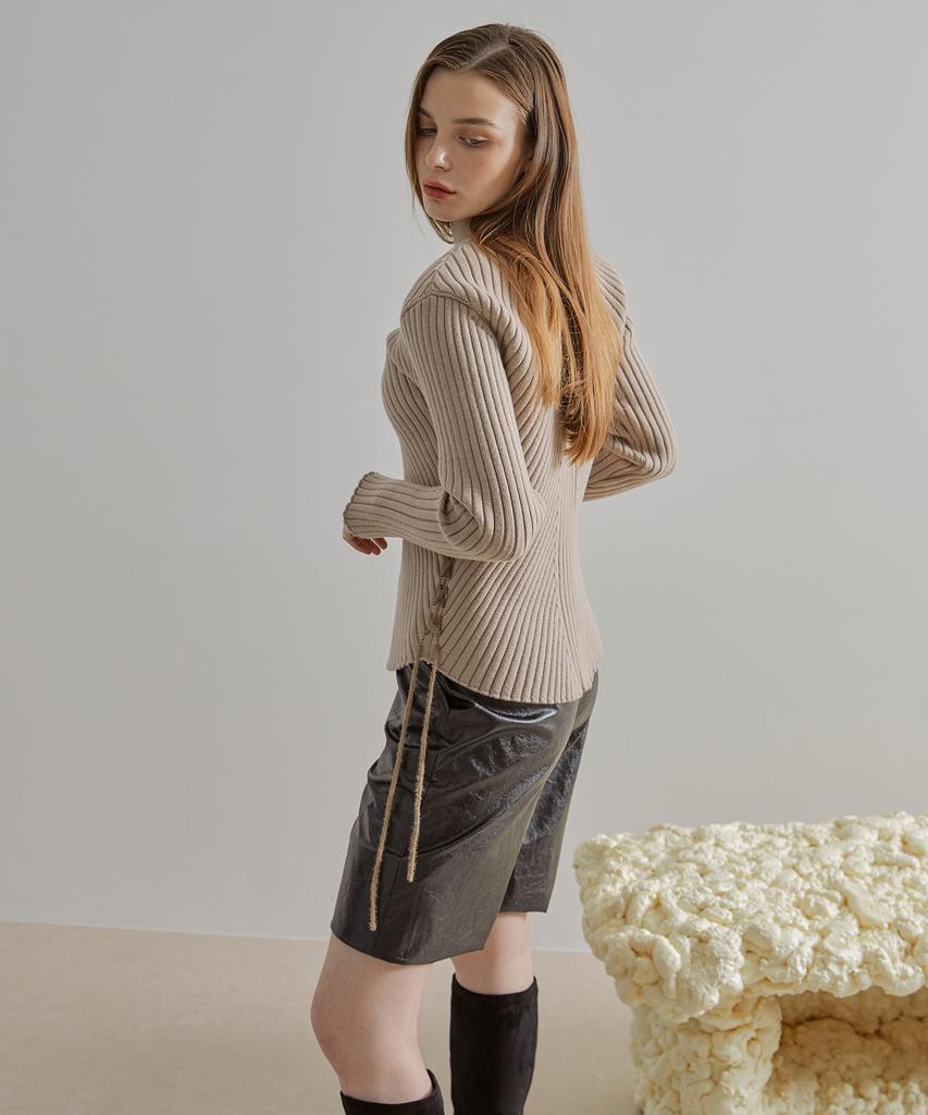 ETMON Slit Sleeve Side Strap Knit Top Beige